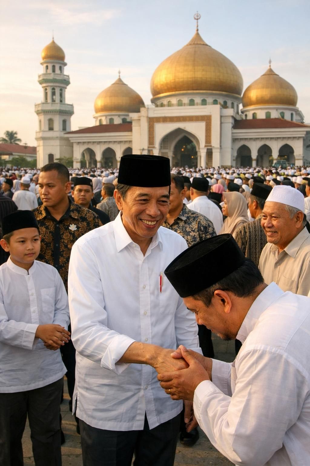 setelah salat id di masjid darussalam, prabowo berbaur dengan jemaah dan warga antusias berebut salam, menunjukkan suasana hangat dan penuh kebersamaan.