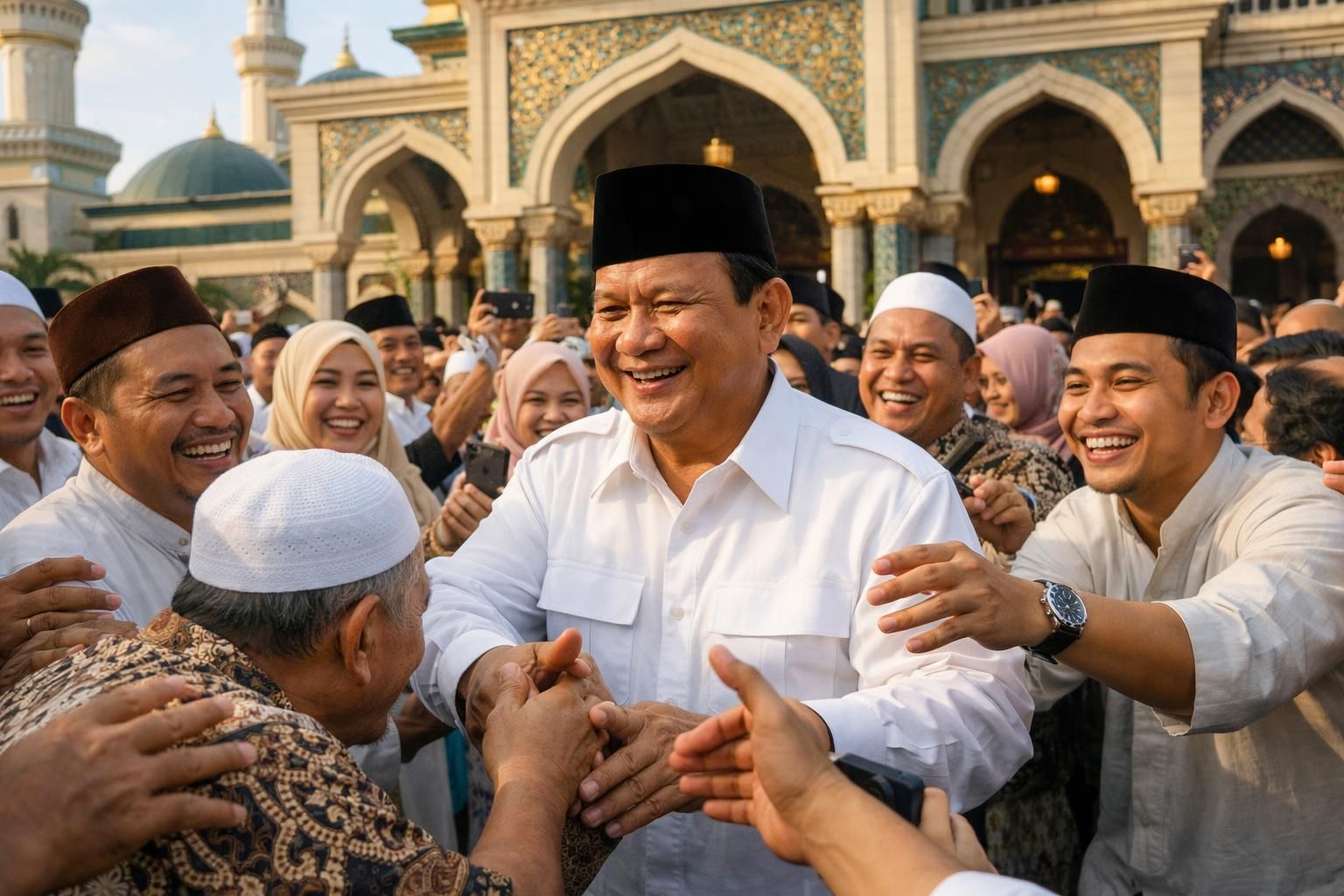 setelah salat id, prabowo berbaur dengan jemaah masjid darussalam, warga dengan antusias berebut untuk bersalaman dan menyambutnya.