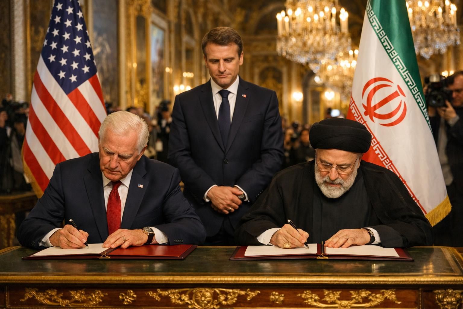 detik bersejarah: trump menandatangani mou perdamaian dengan iran yang disaksikan macron di istana versailles, menandai langkah penting dalam hubungan diplomatik internasional.