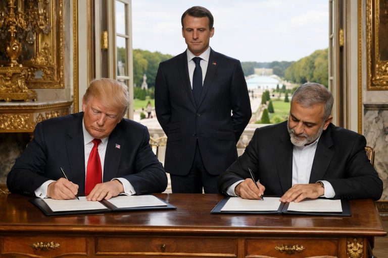detik bersejarah saat trump menandatangani mou perdamaian dengan iran yang disaksikan oleh macron di istana versailles, mengukir langkah penting dalam hubungan internasional.