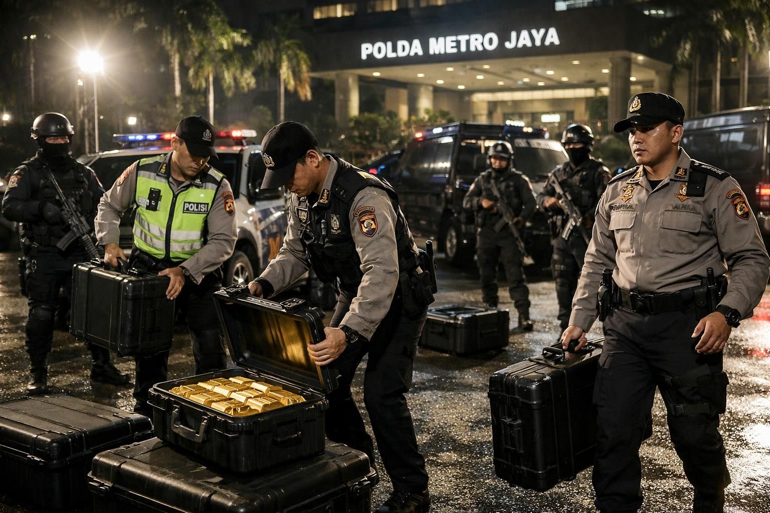 koper berisi 74 kg emas hasil penggerebekan rumah di sentul tiba di polda metro untuk penyelidikan lebih lanjut.