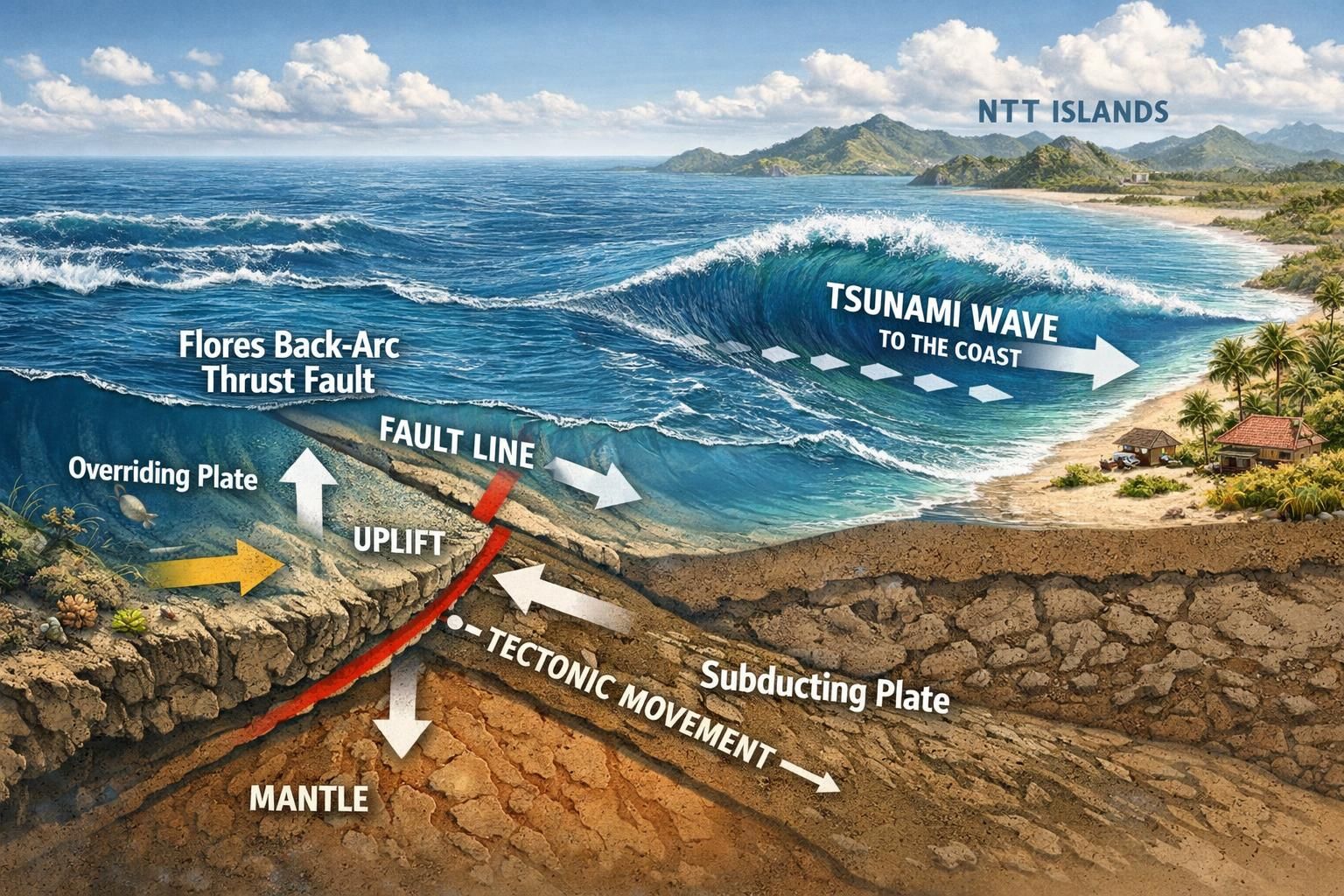 pelajari penyebab gempa bumi magnitudo 7 di ntt yang menimbulkan tsunami dan guncangan sampai sulawesi selatan, serta dampaknya bagi wilayah sekitar.