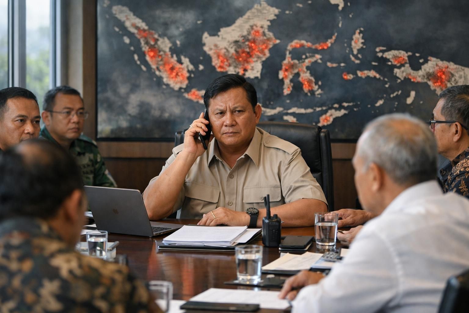 saat prabowo menelepon saat rapat, dia meminta peralatan tambahan untuk mengatasi kebakaran hutan dan lahan (karhutla), menurut laporan detiknews.