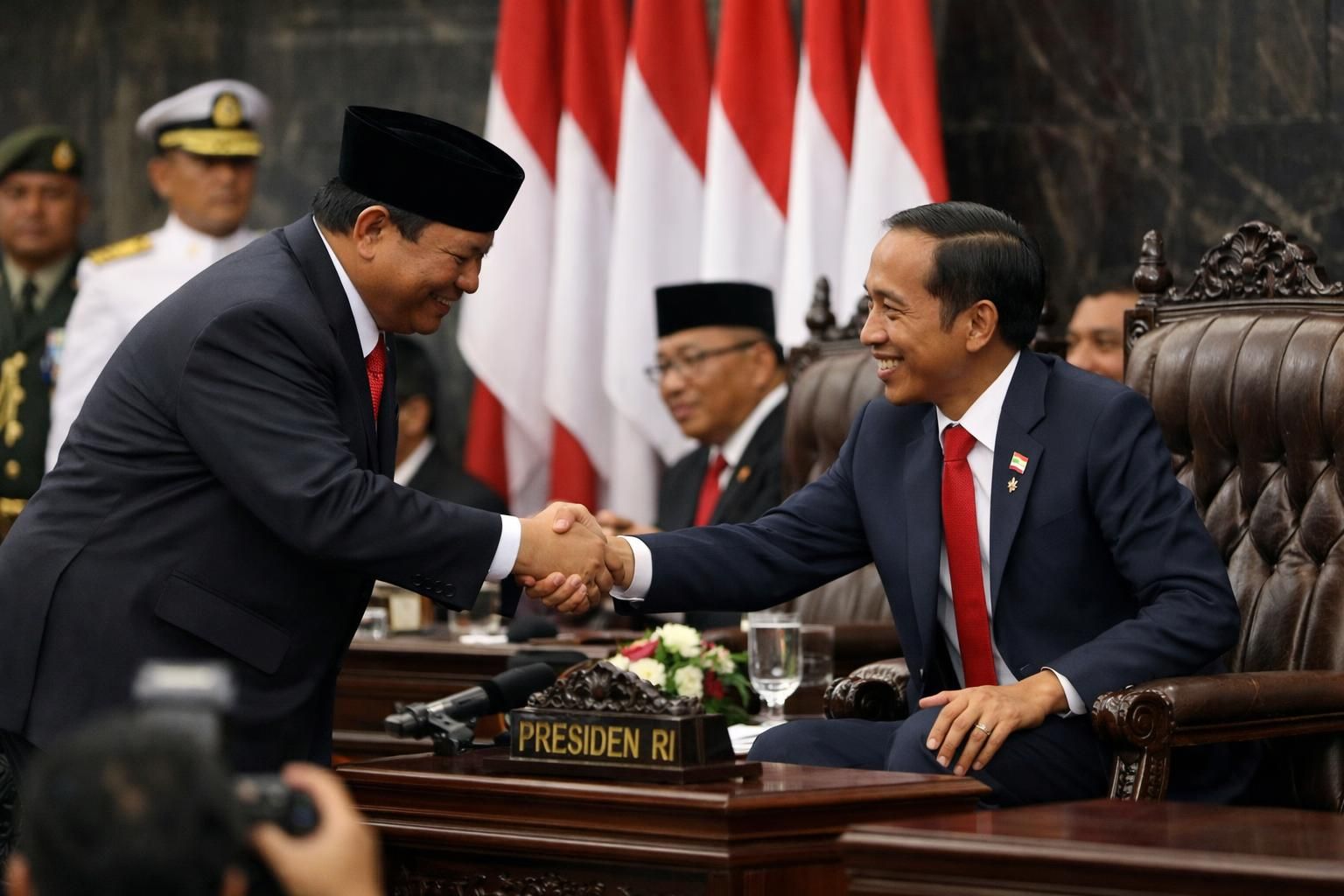setelah berpidato, prabowo memberikan penghormatan dan salam hangat kepada jokowi sebagai tanda penghargaan dan kerjasama.
