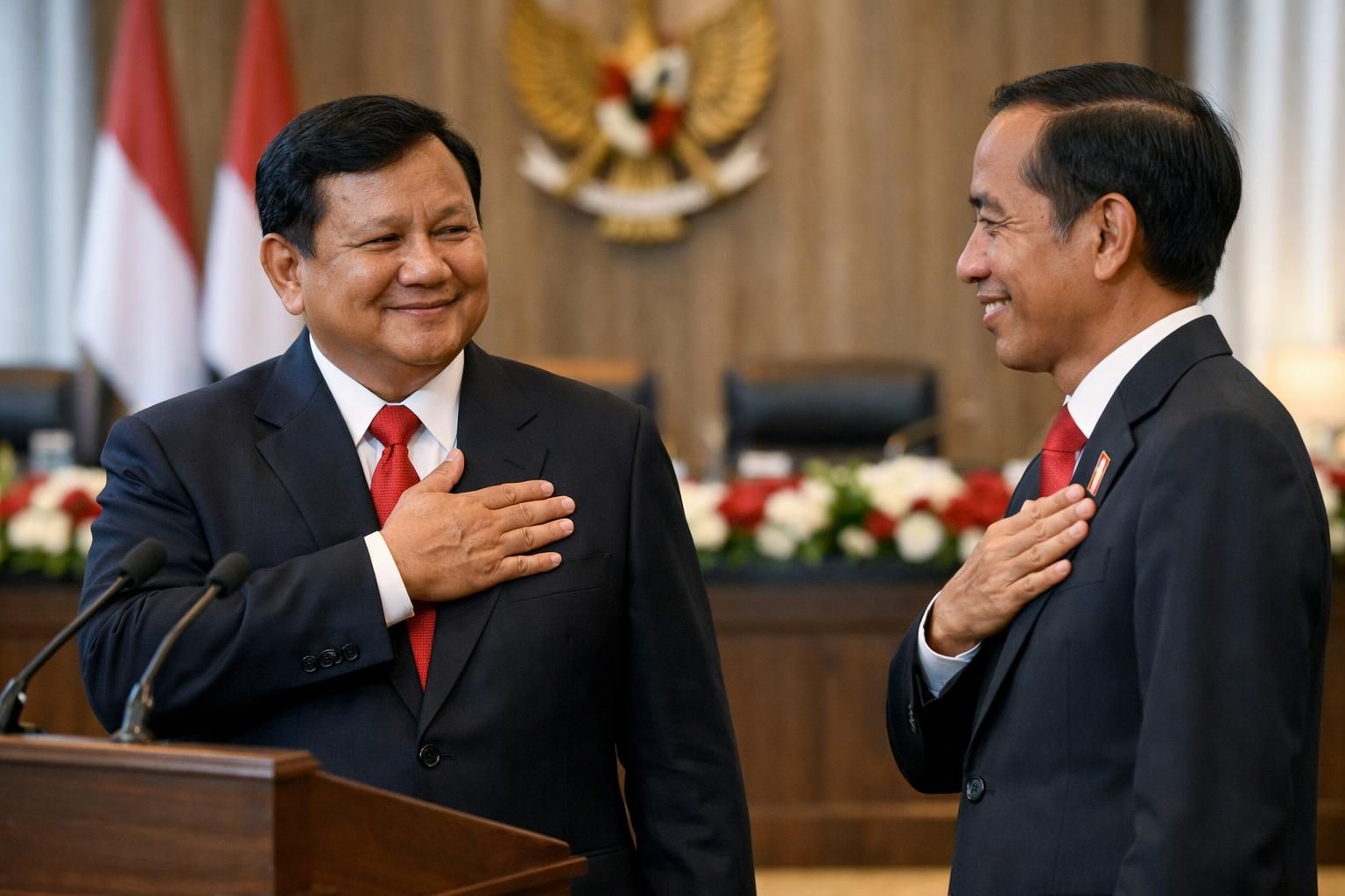 setelah berpidato, prabowo memberikan hormat dan salam hangat kepada jokowi sebagai tanda penghormatan dan persahabatan.
